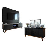 Conjunto Sala Estar Rack Com Painel 1 8 Com Led Buffet Preto