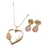 Conjunto Semijoia Corrente Pingente E Brinco Pedra Natural