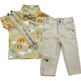 Conjunto Social Menino Safari Roupa Infantil Camisa Calça