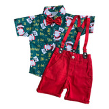 Conjunto Social Natal Menino Papai Noel Camisa Suspensório