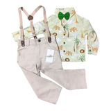 Conjunto Social Roupa Festa Safari Infantil Menino Verd Novo