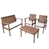 Conjunto Sofá Namoradeira Com Poltronas E Mesa De Apoio Em Madeira -Madeira-Duna Cru-