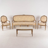 Conjunto Sofa Poltronas E Mesa Luis Xvi Madeira Folha Ouro