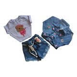 Conjunto Stitch 3 Peças Jaqueta Jeans Short E Cropped