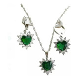 Conjunto Titanic Banhado A Prata Zirconia Coração Verde