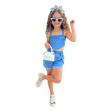 Conjunto Top E Short Jeans Menina Infantil Criança Princesa