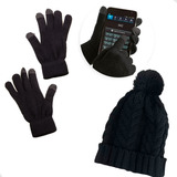 Conjunto Touca Pompom E Luva Touch Preta Unissex Lã