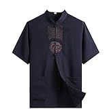 Conjunto Tradicional Chinês Masculino Camisa E Calça Tang Terno Masculino Plus Size Bordado Dragão Tai Chi Roupas  Manga Curta Azul  X Large