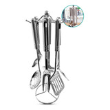 Conjunto Utensílios Cozinha Aço Inox 7 Peças Suporte Grande