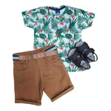 Conjunto Verão Bermuda Camiseta Floral Infantil Menino Roupa