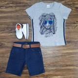 Conjunto Verão Bermuda Camiseta Leão Infantil Menino Roupa