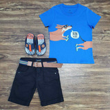 Conjunto Verão Camiseta Azul Bermuda Infantil Menino Roupa