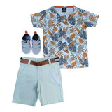 Conjunto Verão Camiseta Folhas Bermuda Infantil Menino Roupa