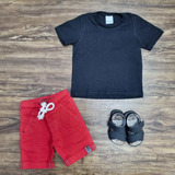 Conjunto Verão Camiseta Preta Bermuda Infantil Menino Roupa