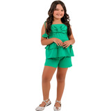 Conjunto Verde Infantil Juvenil Roupa Natal Menina Laço