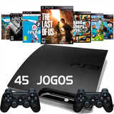 Console Ps3 Slim 10 Jogos E 2 Controles Sem Fio