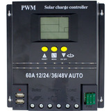 Controlador De Carga 60a 12v 24v 36v 48v Energia Solar 2 Usb Cor Preto