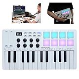 Controlador De Teclado MIDI USB M WAVE De 25 Teclas Com 8 Pads De Bateria Retroiluminados Teclado Dinâmico Profissional Semipesado Bluetooth 8 Botões E Produção Musical Software Incluído Branco 