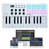 Controlador De Teclado MIDI USB M WAVE De 25 Teclas Com 8 Pads De Bateria Retroiluminados Teclado Dinâmico Profissional Semipesado Bluetooth 8 Botões E Produção Musical Software Incluído Branco 