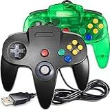 Controle N64 Clássico Pacote Com 2 Controles N64 Com Fio USB Para PC Joystick N64 Bit USB Com Fio Game Stick Joy Pad Controller Para Windows PC Mac Linux Raspberry Pi 3 Sega Genesis Verde Transparente Preto