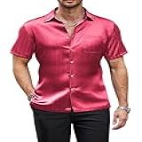 COOFANDY Camisa Social Masculina De Seda Manga Curta Casual De Cetim Abotoada Com Bolso Festa Formatura Casamento Vinho Tinto G