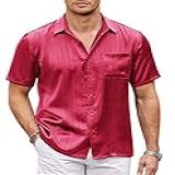COOFANDY Camisa Social Masculina De Seda Manga Curta Casual De Cetim Abotoada Com Bolso Festa Formatura Casamento Vinho Tinto XXG