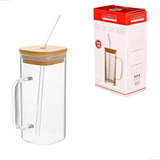 Copo Com Alça De Vidro Com Canudo E Tampa De Bambu 290ml