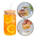 Copo De Vidro Com Canudo Tampa De Bambu 500ml Suco Drinks