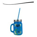 Copos De Vidro Com Tampa E Canudo Retro Azul Canecas 2 Peças