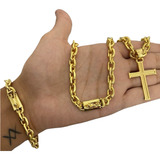 Cordão Cadeado Pulseira 8mm Pingente Cruz Banhado A Ouro