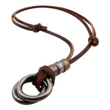 Cordão Colar Masculino Couro Legítimo Anel Em Aço Ajustável Cor Marrom escuro