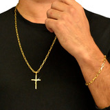 Cordão Corrente Dourado Masculino Ouro C Pulseira Crucifixo