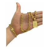 Cordão Pulseira E Pingente Cadeado 6mm Banhado A Ouro