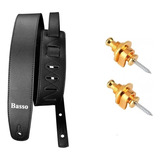 Correia Basso Vintage Liso Violao Baixo Guitarra Strap Lock Cor Preto Com Strap Lock Dourado