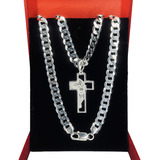 Corrente Cordão Grossa Prata 925k Pingente Cruz Face Cristo