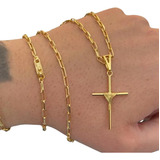 Corrente Cordão Masculino 3mm Pingente Cruz Banho Ouro 18k