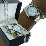 Corrente Cordão Masculino Aço Crucifixo Pulseira Relógio Cor Prateado