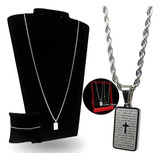 Corrente Correntinha Fina Masculina Cordão Baiano Torcido Masculino 70cm Conjunto Pulseira Pingente Plaquinha Oração Pai Nosso Aço Inox Inoxidável Cirúrgico Antialérgico Kit Presente Prata Prateado