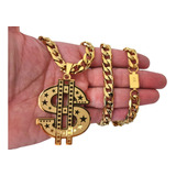 Corrente Masculina Grossa Pingente Cifrão Ostentação Folheado À Ouro 18k
