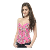 Corset Corselet Corpete Espartilho Rosa Floral 12 Barbatanas
