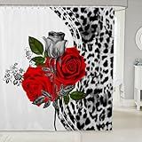 Cortinas De Chuveiro Infantis Com Estampa De Leopardo- Animais Selvagens- Pele De Guepardo- Cortinas De Banheiro Para Meninos E Meninas- Adultos- Rosas Flores Dia Dos Namorados- Vermelho- Preto