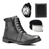 Coturno Casual Preto Masculino Kit Relógio Carteira E Cinto