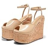 Coutgo Sandália Feminina Plataforma Plataforma Elegante Peep Toe Tornozelo Fivela Tira Salto Alto Sapatos De Verão- Caqui- 37