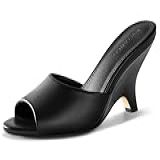 Coutgo Sandálias Femininas De Salto Plataforma Peep Toe Sem Cadarço Sem Costas Nuas- Sapatos Sociais De Verão- Preto- 37