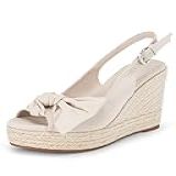 Coutgo Sandálias Femininas Peep Toe Salto Plataforma Alpargata Com Laço Lateral Sapatos Casuais- Bege- 38