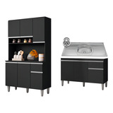Cozinha Compacta Márcia E Balcão Gabinete Com Pia Tatiane 120cm Preto Ajl Móveis