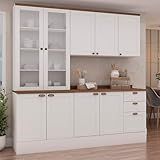 Cozinha Modulada Compacta 4 Peças Com Armário Aéreo 2 Portas Vidro 100 Mdf Com Tampo Branco Tampo Ébano