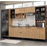 Cozinha Modulada Toscana 6 Peças Mdf Com Paneleiro 1 Forno E Cristaleira Freijó