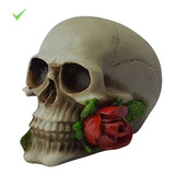Crânio Caveira Com Rosa Na Boca Resina Decorativo Vermelha