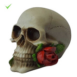 Crânio Caveira Com Rosa Na Boca Vermelha Decorativo Resina